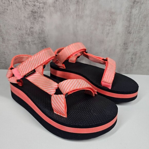 Teva Womens Platform Sandals Pink Coral Black Size 7 Adjustable Straps - Picture 3 of 12